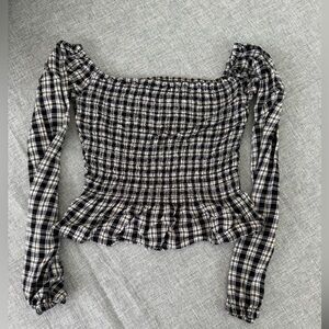 Hollister Black and White Plaid Off Shoulder Smocked Blouse